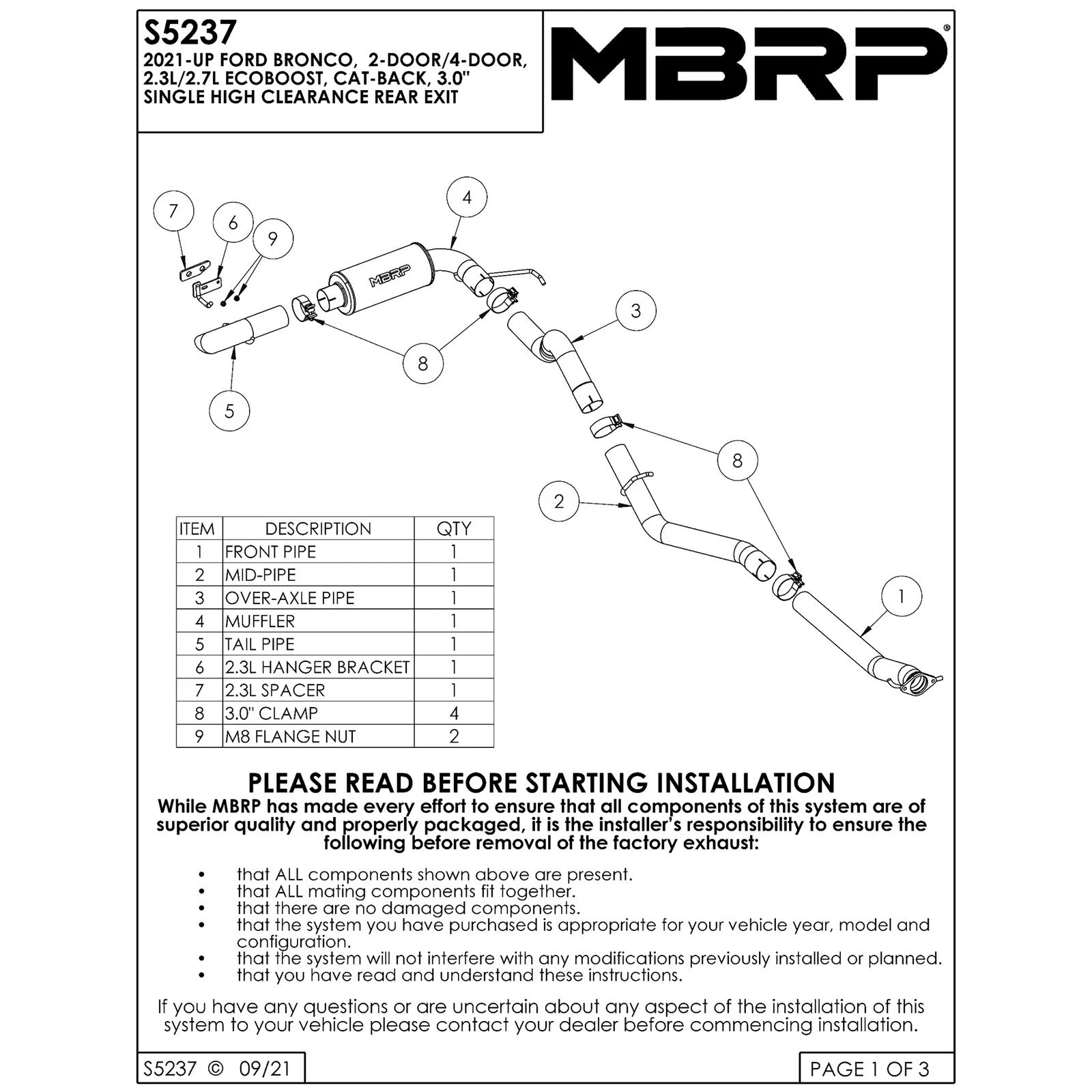 MBRP 21-Up Ford Bronco 2.3L/2.7L EcoBoost 2/4DR Aluminized Steel High Clearance Cat-back Exhaust