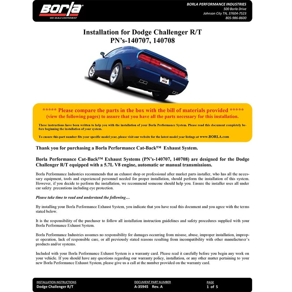 Borla 09-14 Dodge Challenger R/T 5.7L RWD 2Dr. Dual Rctgl. Angle S-Type CB Exhaust - Rear Split Exit