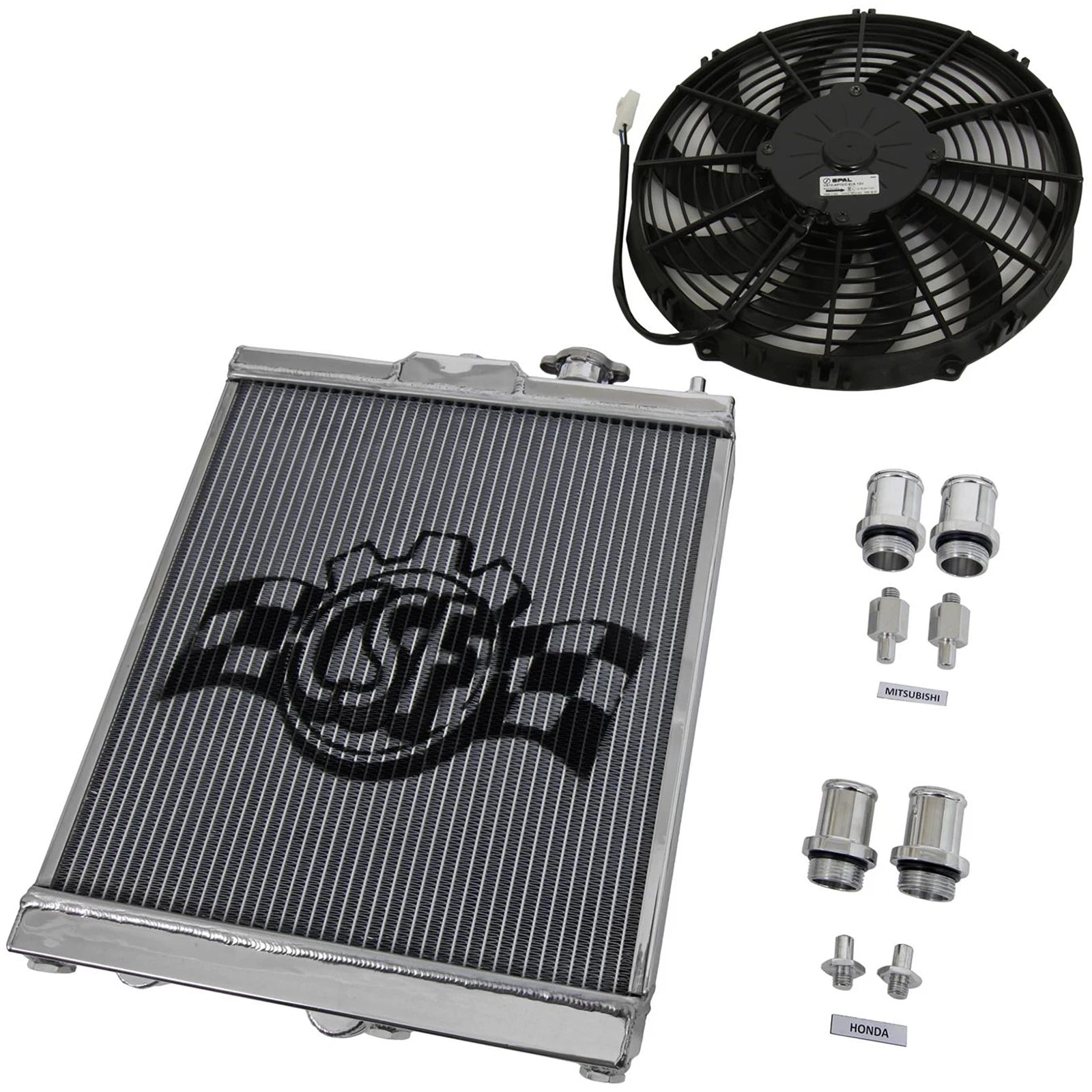 CSF Universal Half Radiator w/-16AN & Slip-On Fittings/12in SPAL Fan & Shroud