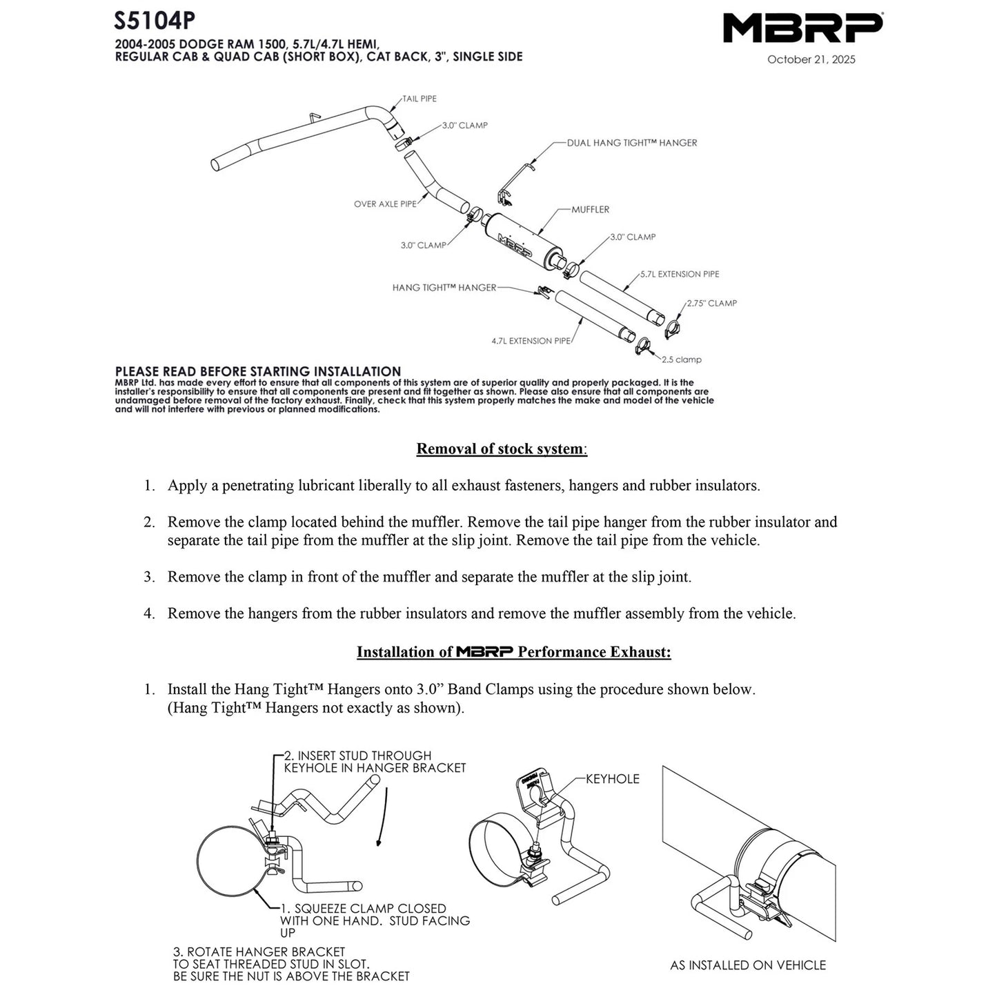 MBRP 2004-2005 Dodge Ram Hemi 1500 5.7L SC/CC-SB Cat Back Single Side AL P Series Exhaust