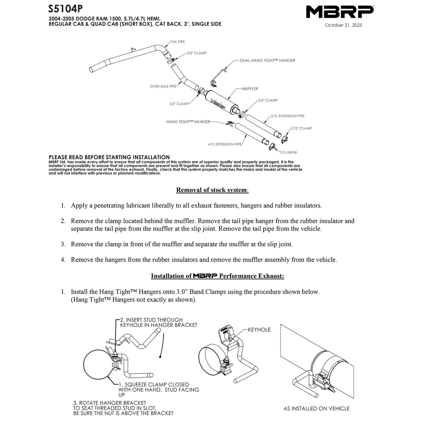 MBRP 2004-2005 Dodge Ram Hemi 1500 5.7L SC/CC-SB Cat Back Single Side AL P Series Exhaust