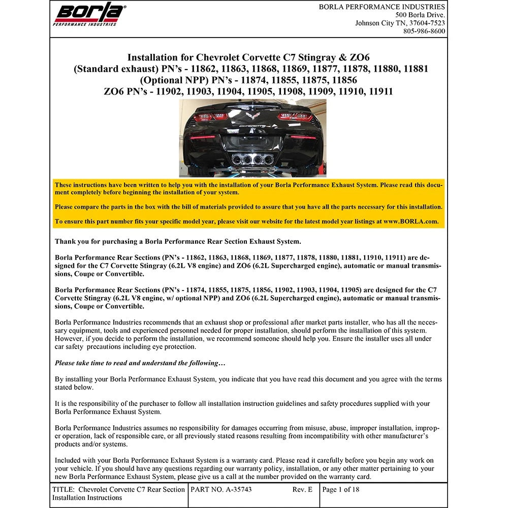 Borla 2014 Chevrolet Corvette C7 6.2L 8cyl ATAK Exhaust w/ NPP Dual Mode (rear section only)