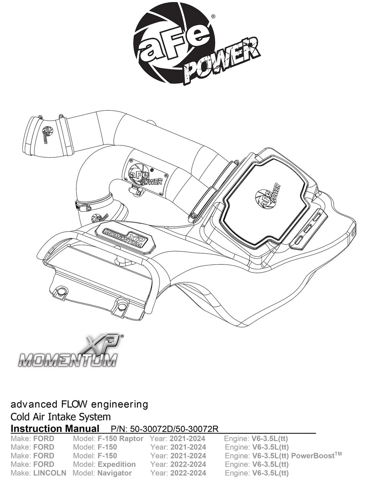 aFe 21-22 Ford F-150 Raptor V6-3.5L(tt) Momentum XP Cold Air Intake System Blk w/ Pro Dry S Filter