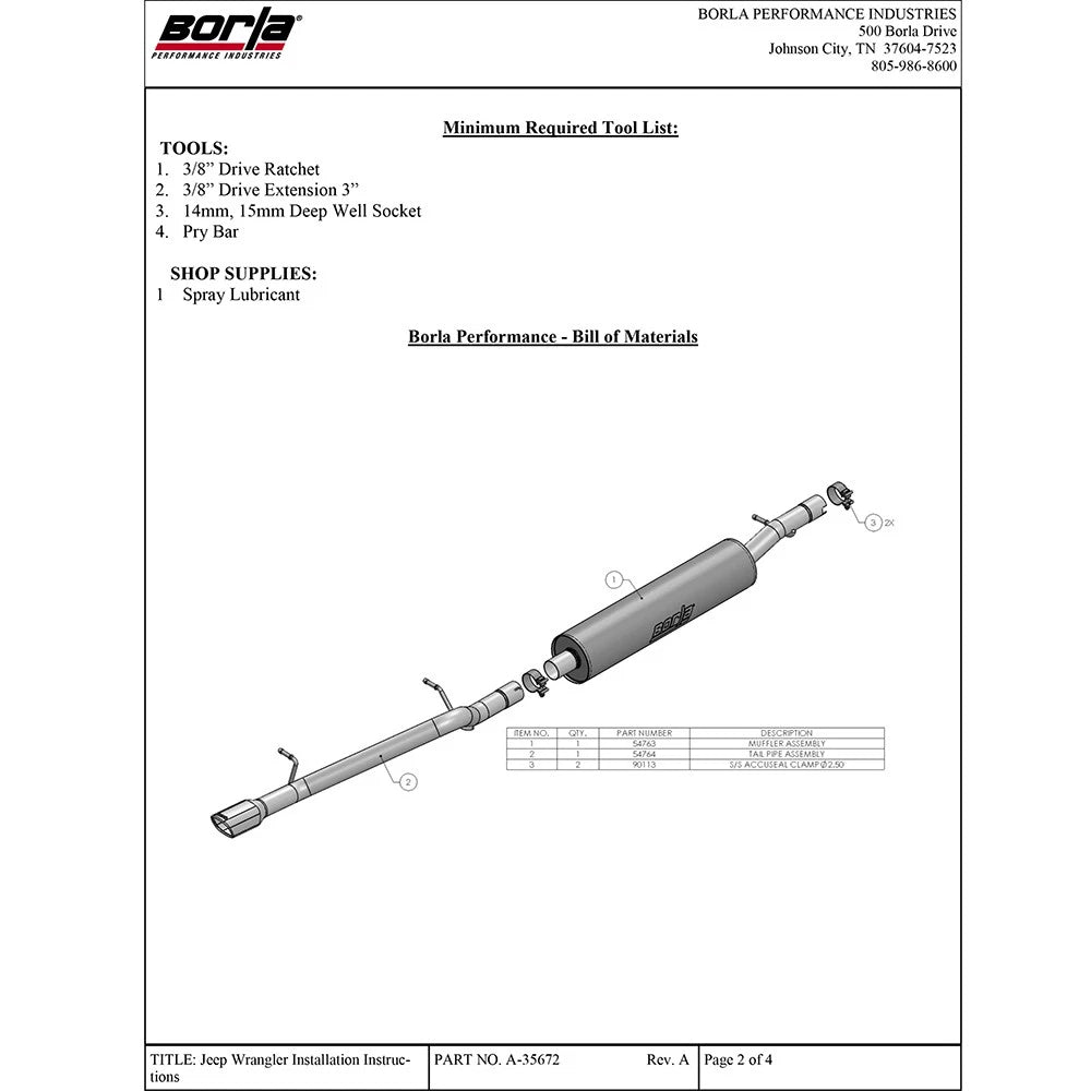 Borla 12-16 Jeep Wrangler V6 4WD Dirt Sport Cat-Back 2.5in Single Square Rolled Angle Cut Rear
