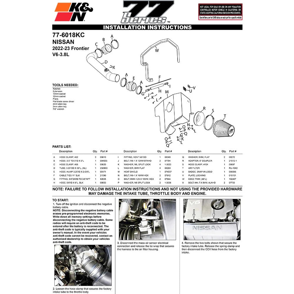 K&N 2022 Nissan Frontier V6 3.8LPerformance Air Intake System