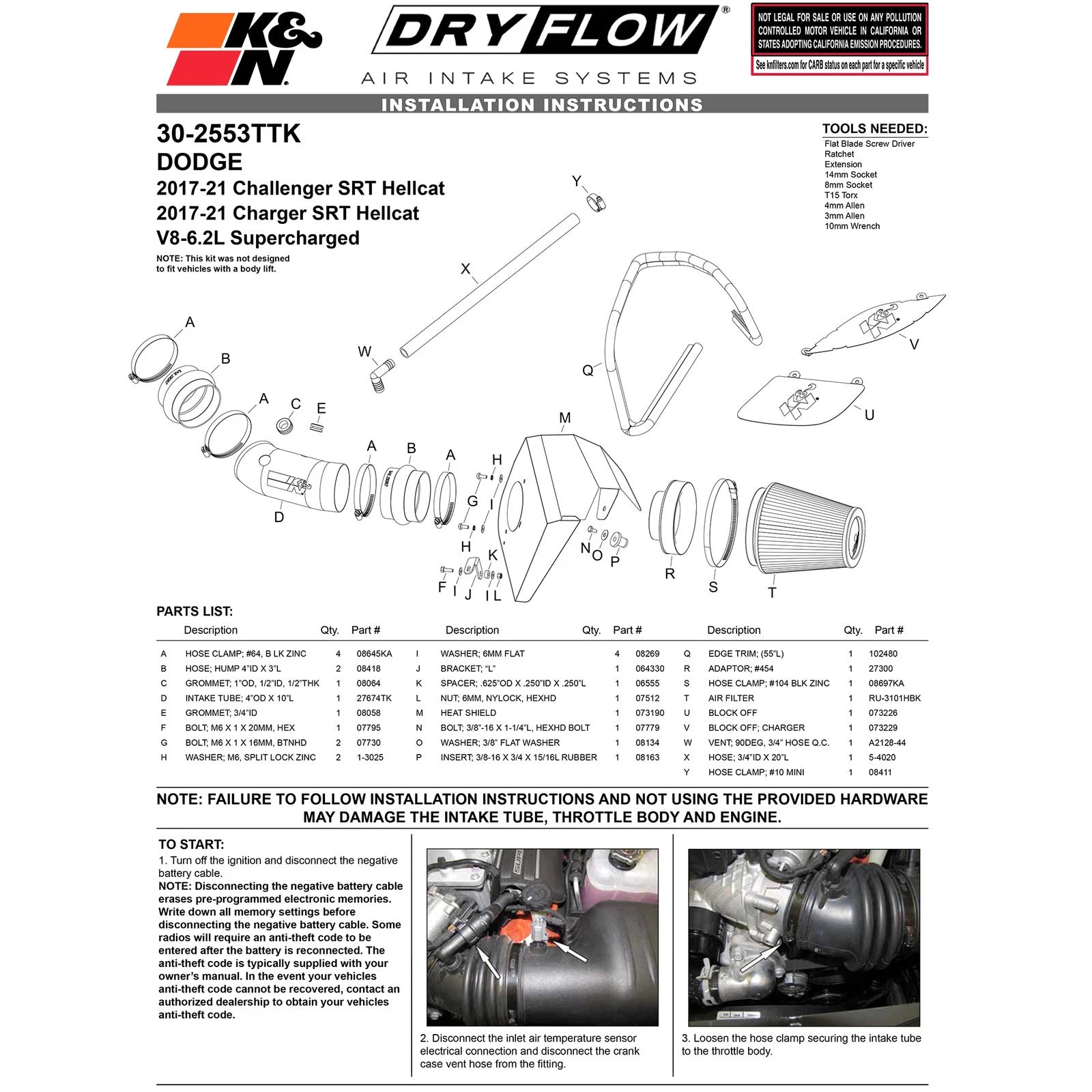 K&N 17-23 Dodge Charger/Challenger Hellcat SC 6.2L V8 DRYFLOW Performance Air Intake System
