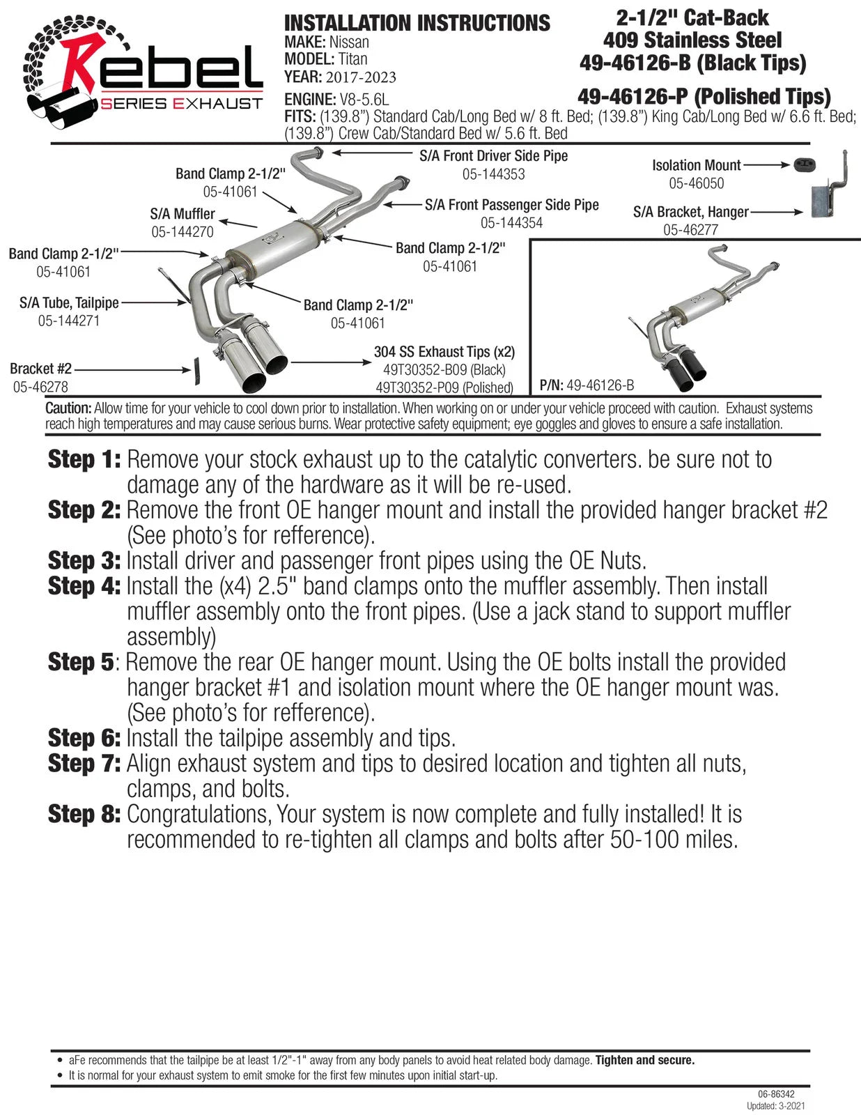 aFe POWER Rebel Series 2-1/2in 409 SS Cat Back Exhaust w/ Black Tips 16-17 Nissan Titan V8 5.6L