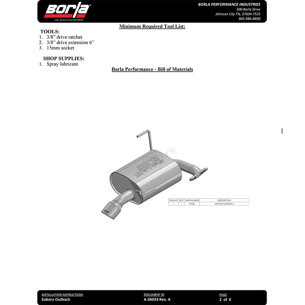 Borla 2020 Subaru Outback 2.5L 2in S-Type Rear Section