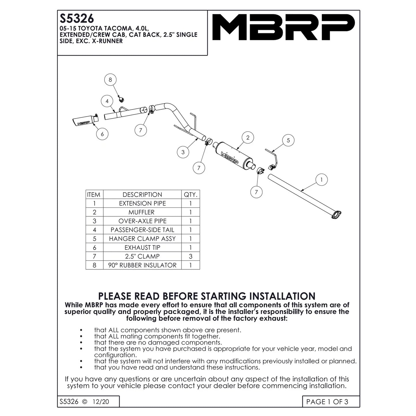 MBRP 05-13 Toyota Tacoma 4.0L EC/CC Cat Back Single Exit Aluminized Exhaust