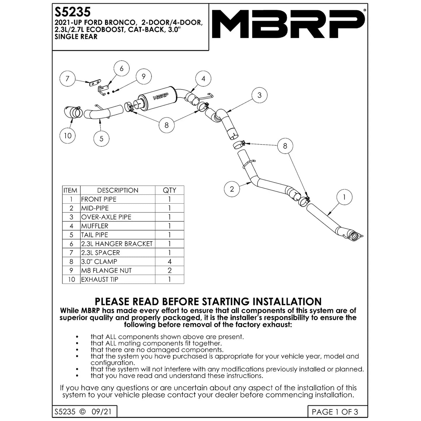MBRP 2021+ Ford Bronco 2.3L/2.7L EcoBoost 3in Aluminized Steel Catback Exhaust