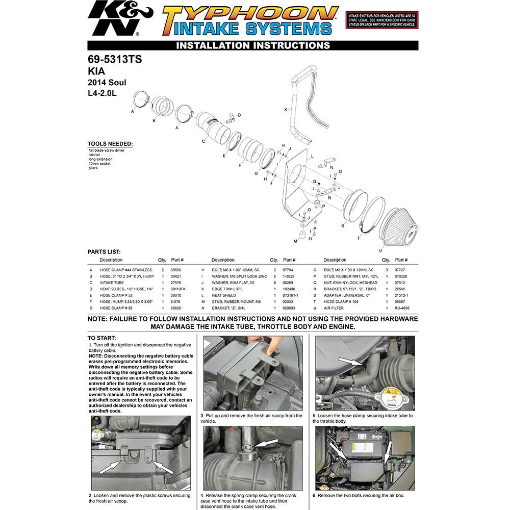 K&N 14-16 Kia Soul L4 2.0L Typhoon Cold Air Intake Aluminum Silver