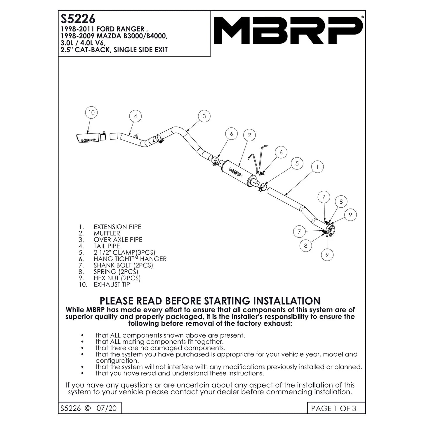 MBRP 98-11 Ford Ranger 3.0/4.0L Cat Back Single Side Aluminized Exhaust