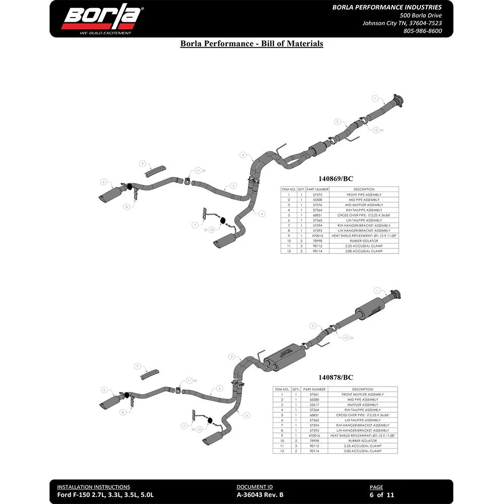 Borla F-150 2021 5.0L 4dr CC SB EC STB Lariat/KR/Platinm/LTD 3/2.25 SRE Cat-Back ATAK Black CHR Tips