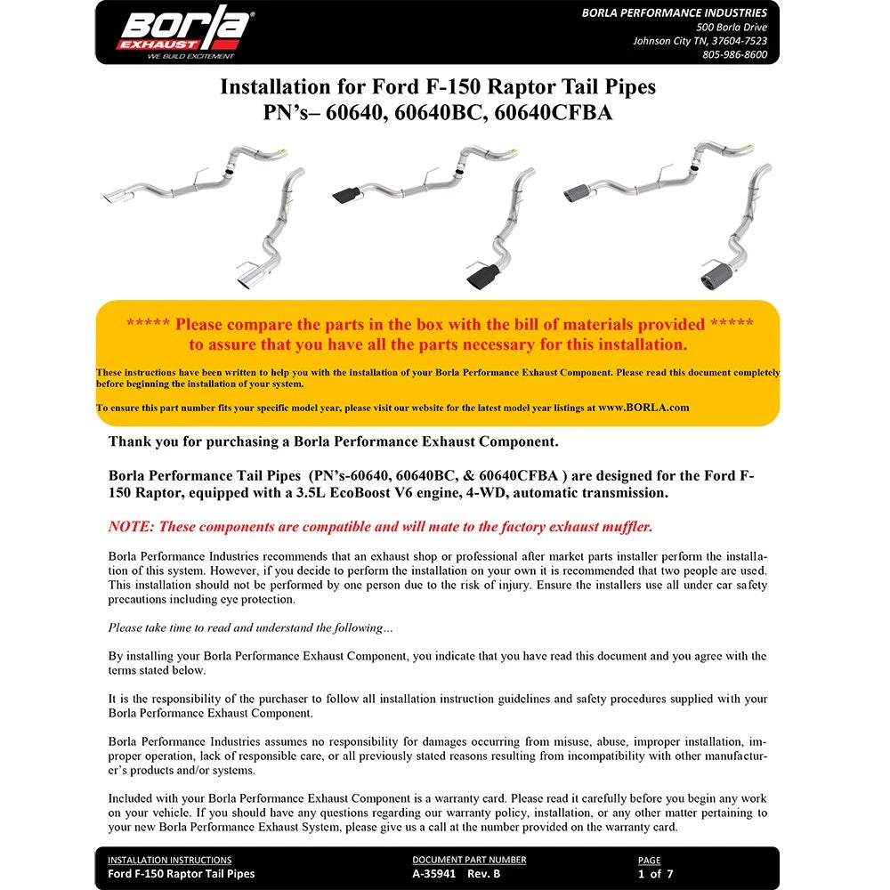 Borla 2017 Ford Raptor 3.5L AT RWD CC Short Bed/EC Standard Bed 3in Tailpipe Assembly w/ Black Tips