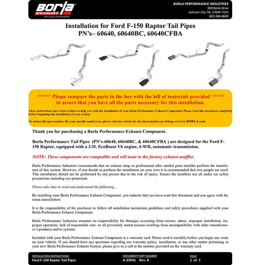 Borla 2017 Ford Raptor 3.5L AT RWD CC Short Bed/EC Standard Bed 3in Tailpipe Assembly w/ Black Tips