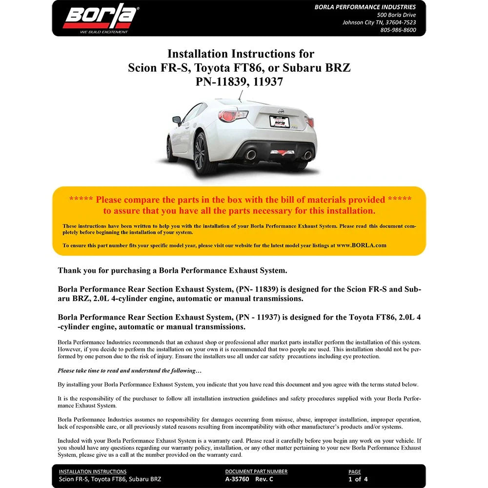 Borla 13-15 Subaru BRZ/Scion FR-S 2.0L 4Cyl RWD Single Split Rr Exit Touring Exh Rear Section Only