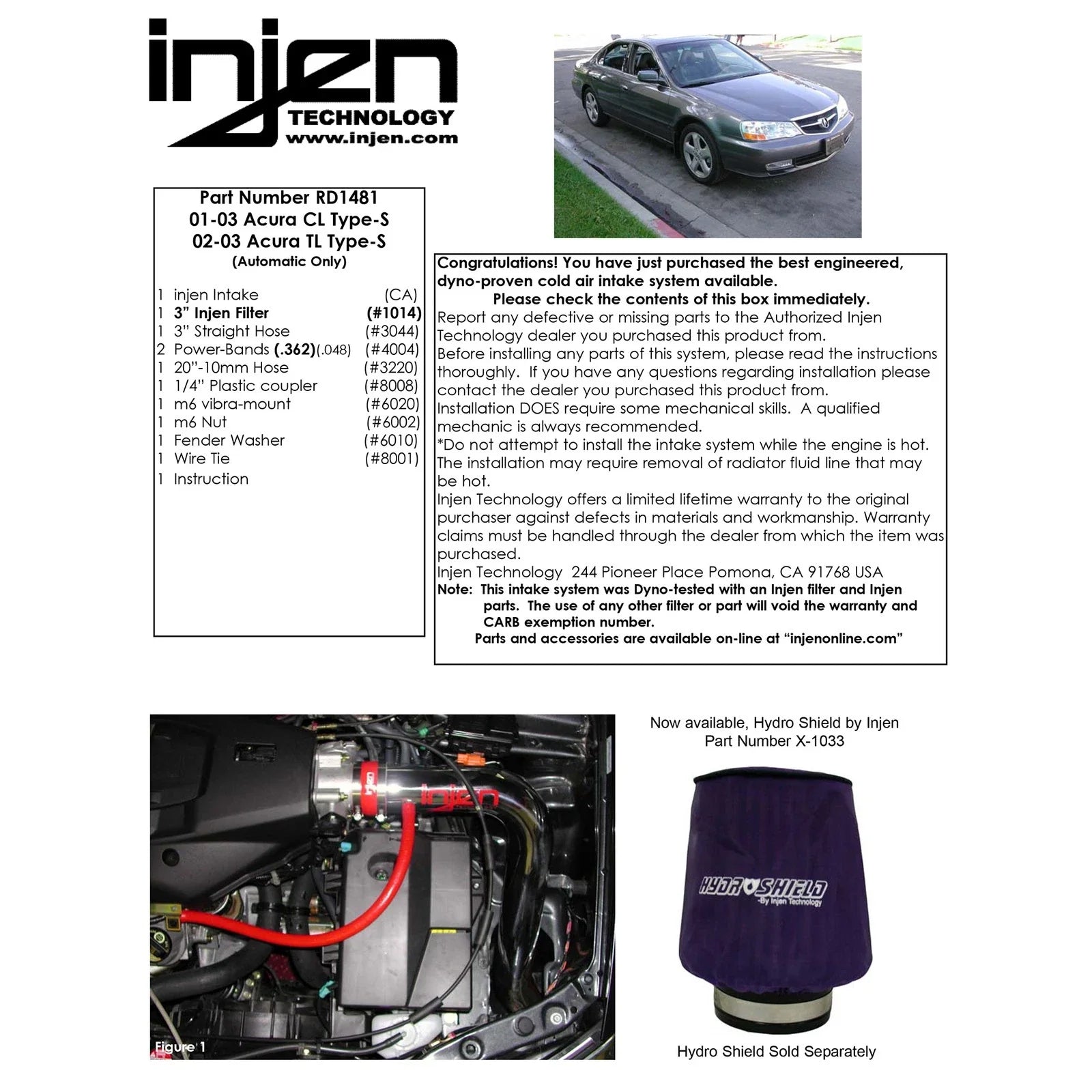 Injen 01-03 CL Type S 02-03 TL Type S (will not fit 2003 models w/ MT) Polished Cold Air Intake