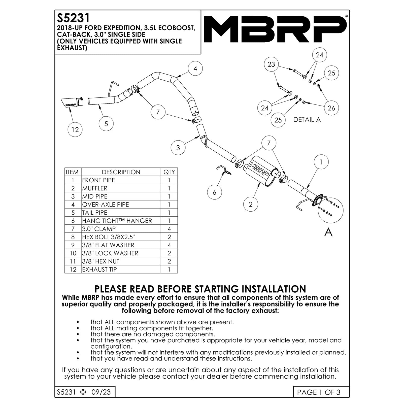 MBRP 18-21 Ford Expedition 3.5L EcoBoost T304 Stainless Steel 3in Cat-Back - Single Side