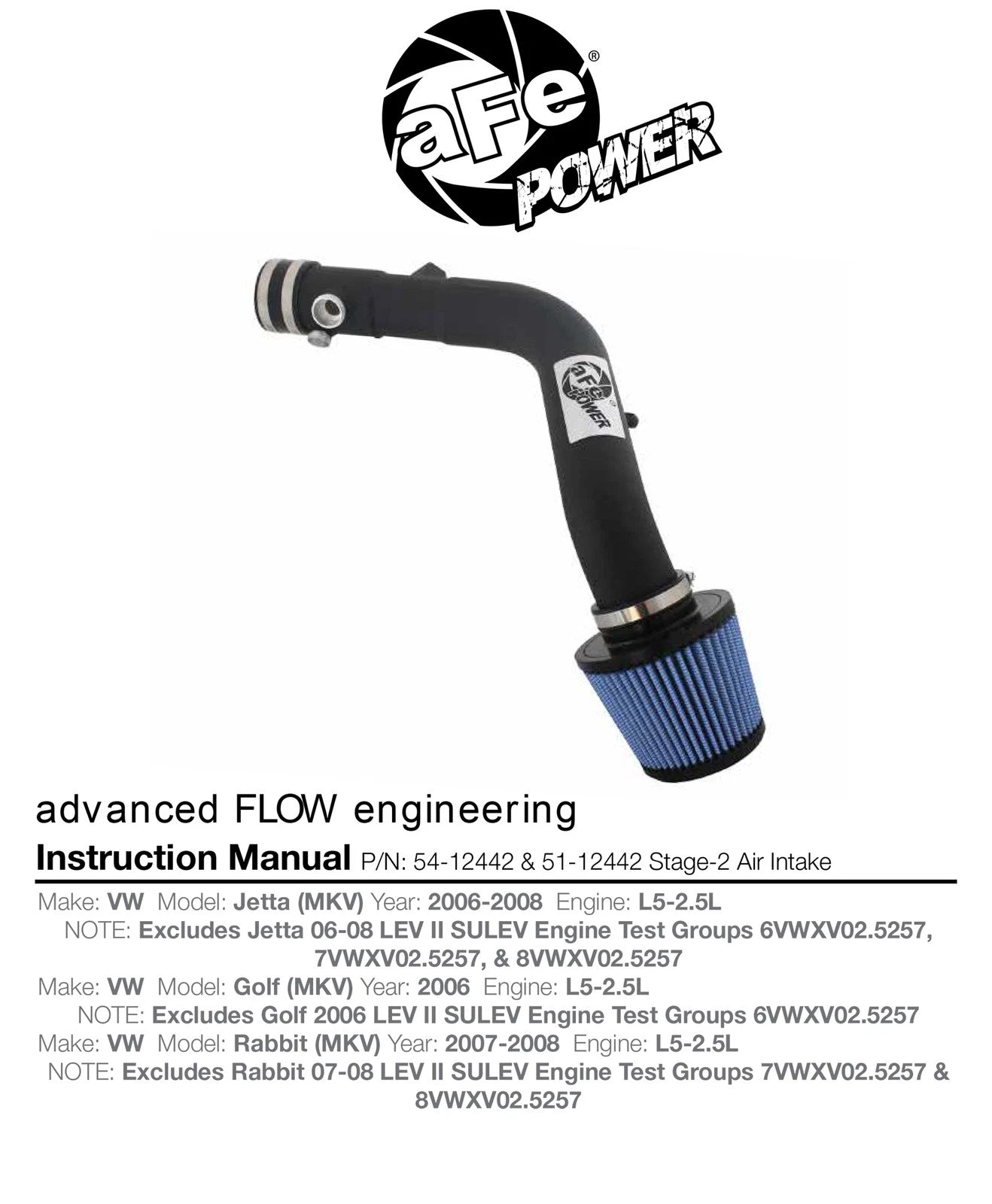 aFe MagnumFORCE Intake Stage-2 Pro 5R 06-08 VW Jetta/Golf/Rabbit (MKV) 2.5L