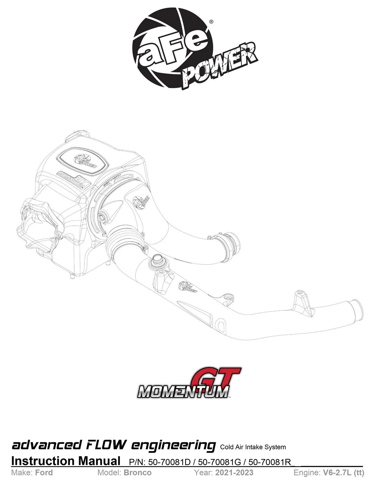 aFe Momentum GT Pro 5R Cold Air Intake System 2021 Ford Bronco V6 2.7 (TT)