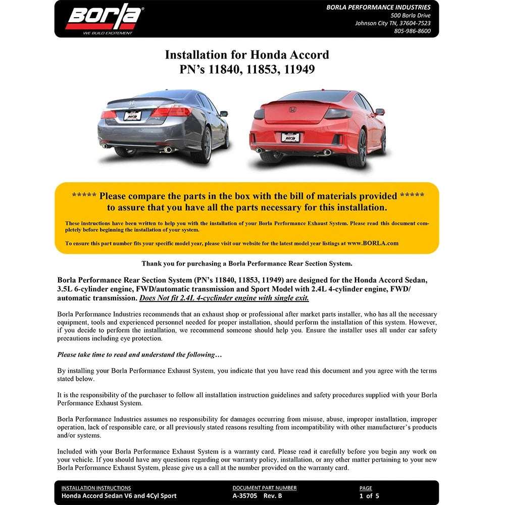 Borla 13-15 Honda Accord Coupe 3.5L FWD SS Rear Section Single Split Rear Exit Touring Exhaust