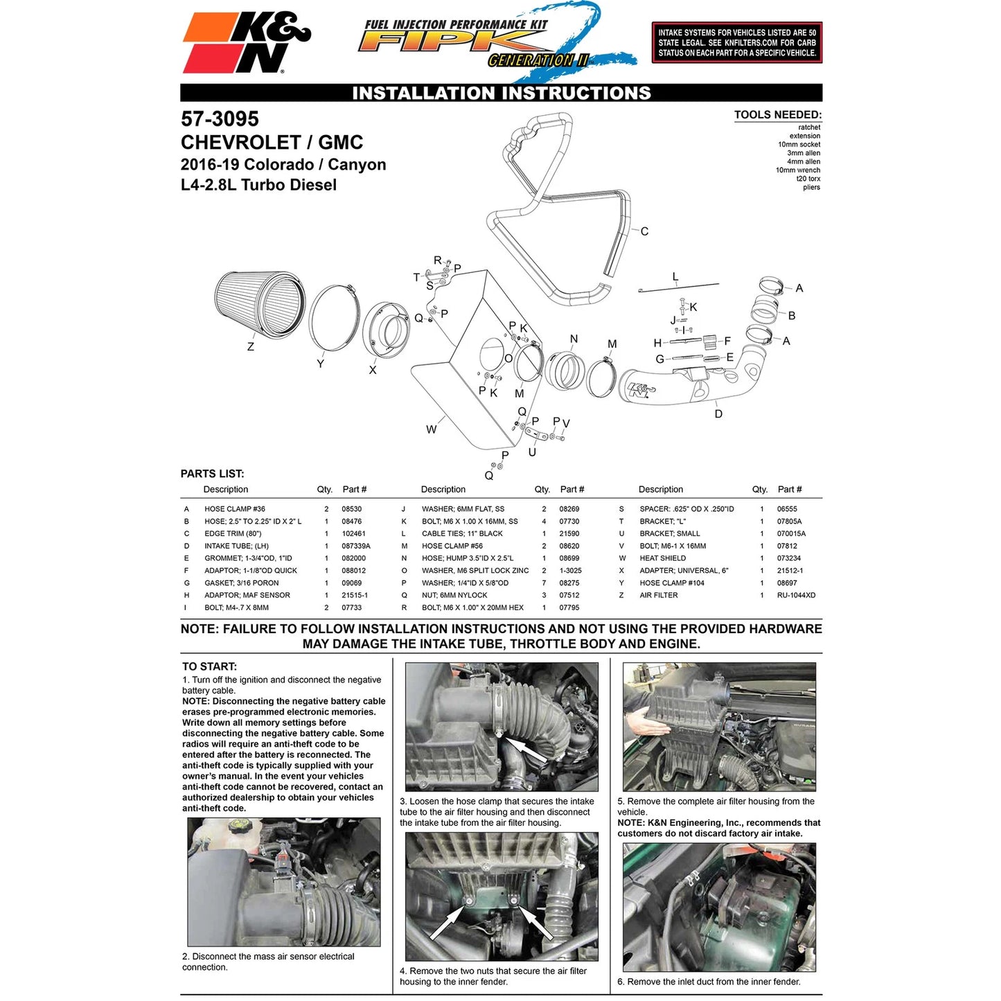 K&N 16-19 Chevrolet Colorado L4-2.8L DSL Performance Intake Kit