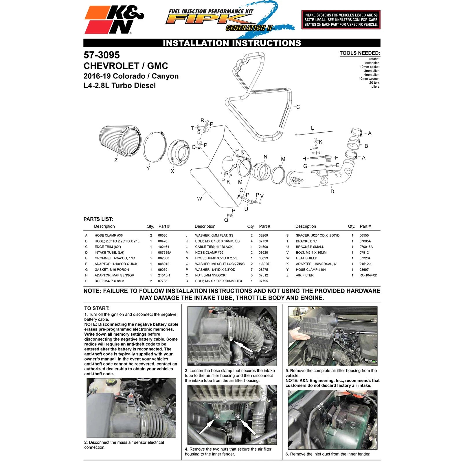 K&N 16-19 Chevrolet Colorado L4-2.8L DSL Performance Intake Kit