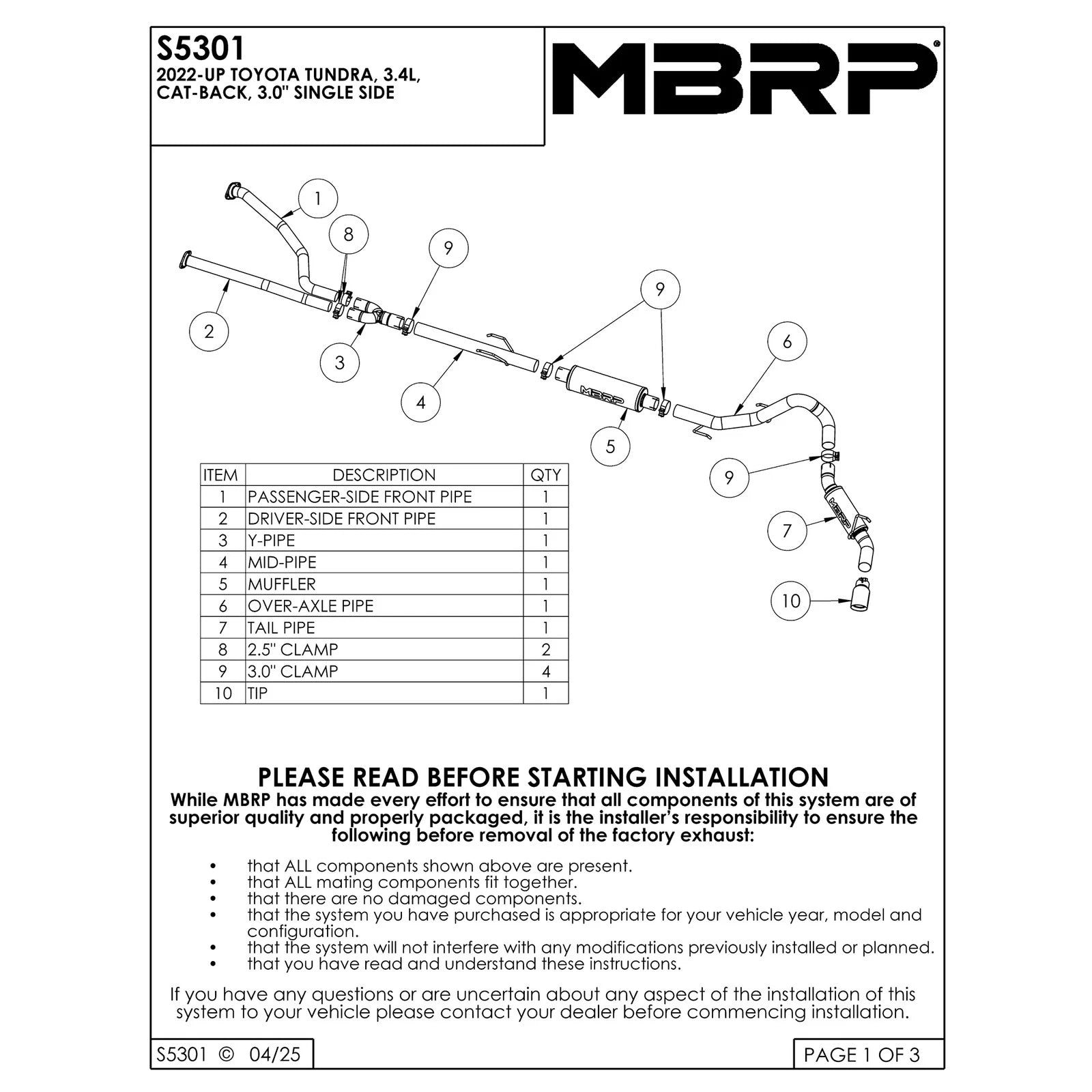 MBRP 2022 Toyota Tundra 3.5L Dual Cat-back 4in Single Side Exit Rolled Tip - Aluminized Steel