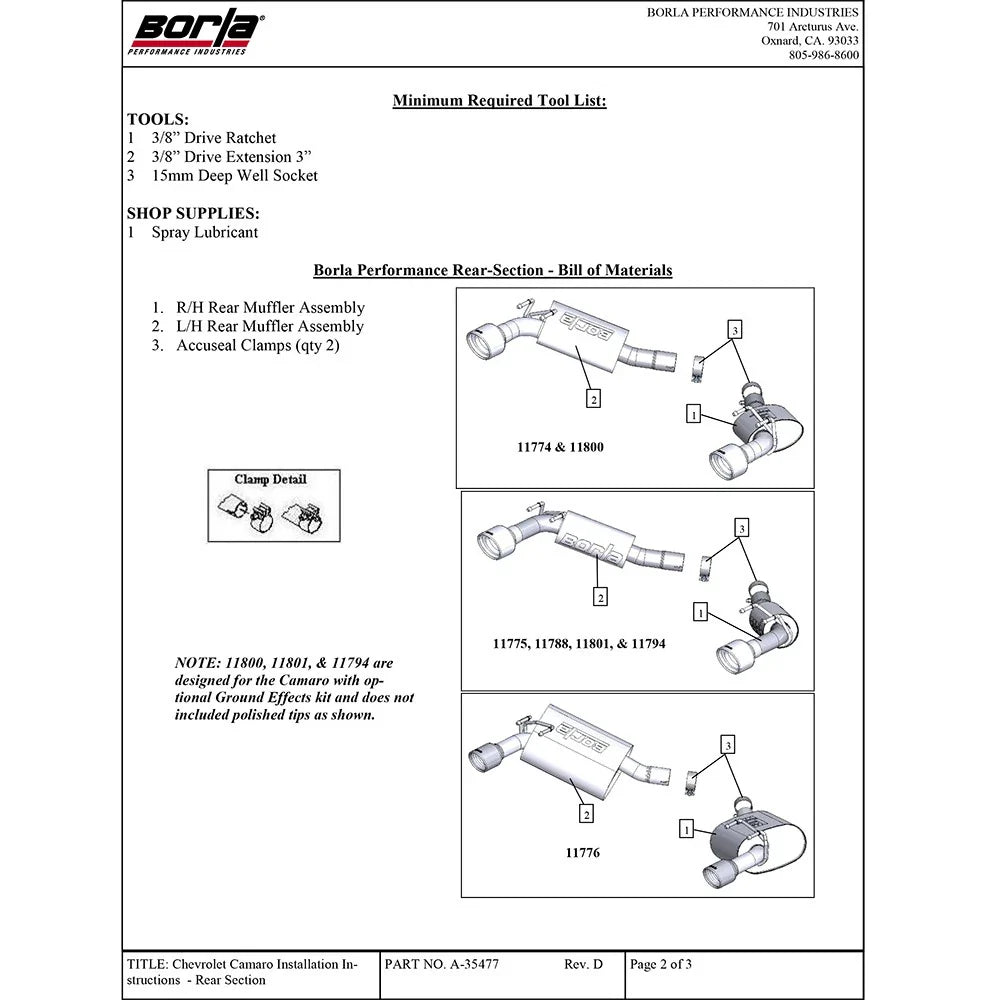 Borla 2010 Camaro 6.2L V8 S-type Exhaust (rear section only)