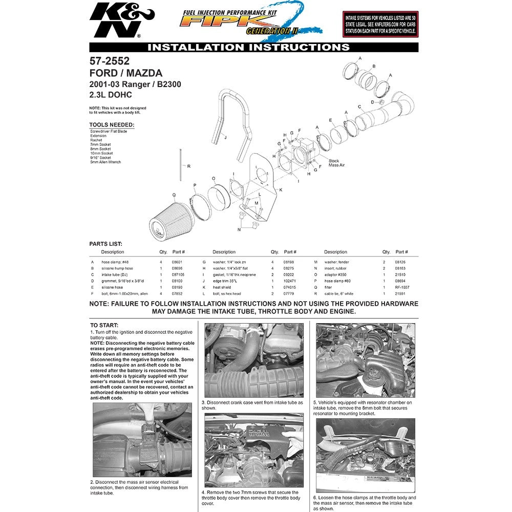 K&N 01-03 Ford Ranger / Mazda B2300 L4-2.3L DOHC Performance Intake Kit