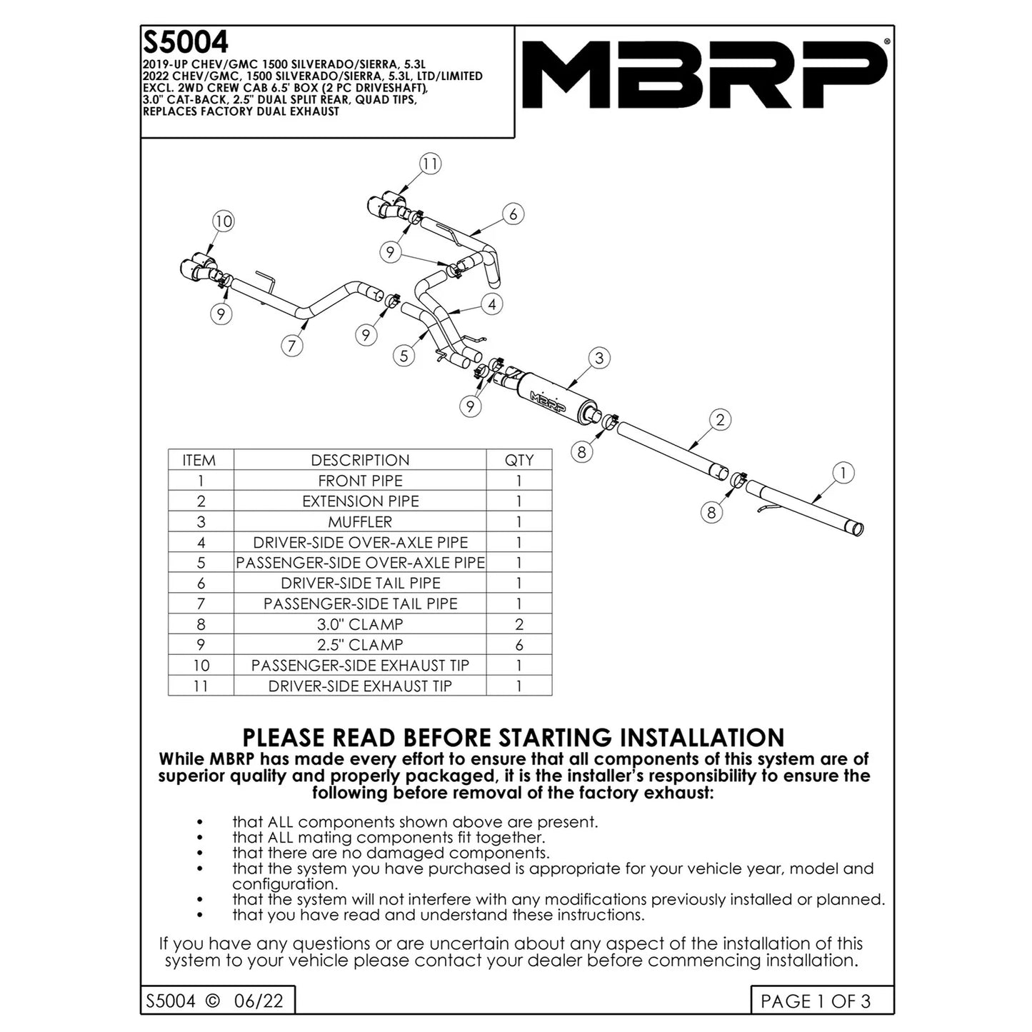MBRP 19-21 Chevrolet Silverado 1500 5.3L 3in Cat Back w/ 2.5in OD Carbon Fiber Tips - T304