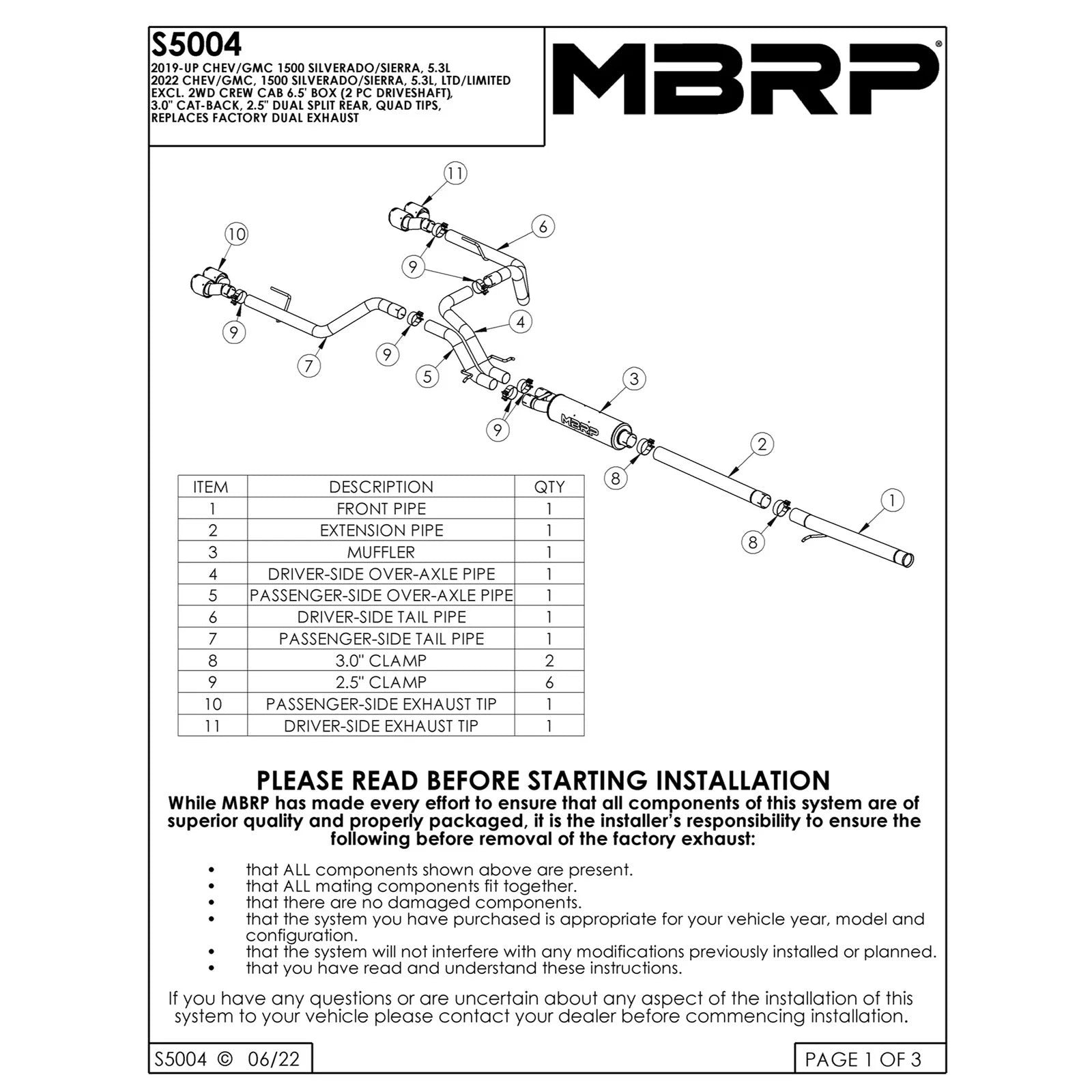 MBRP 19-21 Chevrolet Silverado 1500 5.3L 3in Cat Back w/ 2.5in OD Carbon Fiber Tips - T304