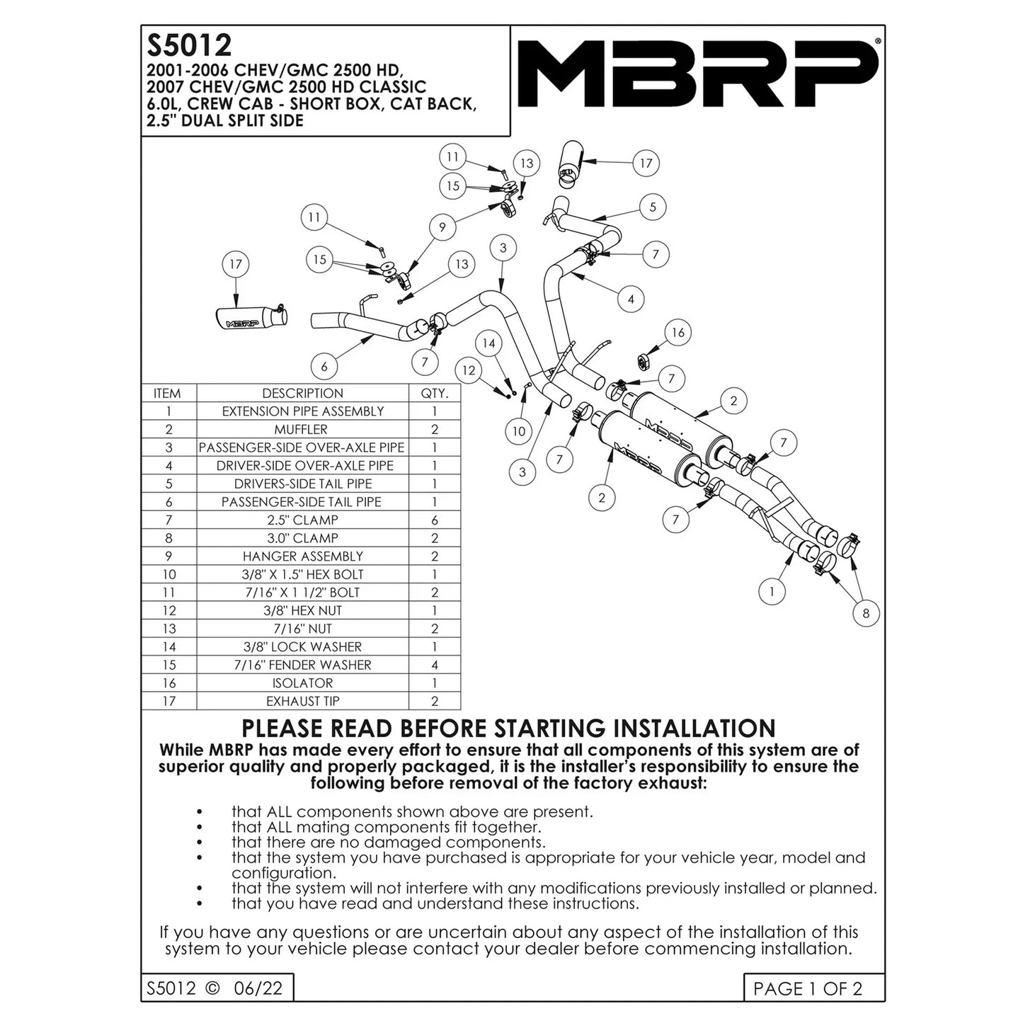 MBRP 2003-2007 Chev/GMC 2500 HD 6.0L CC-SB Cat Back Dual Split Side