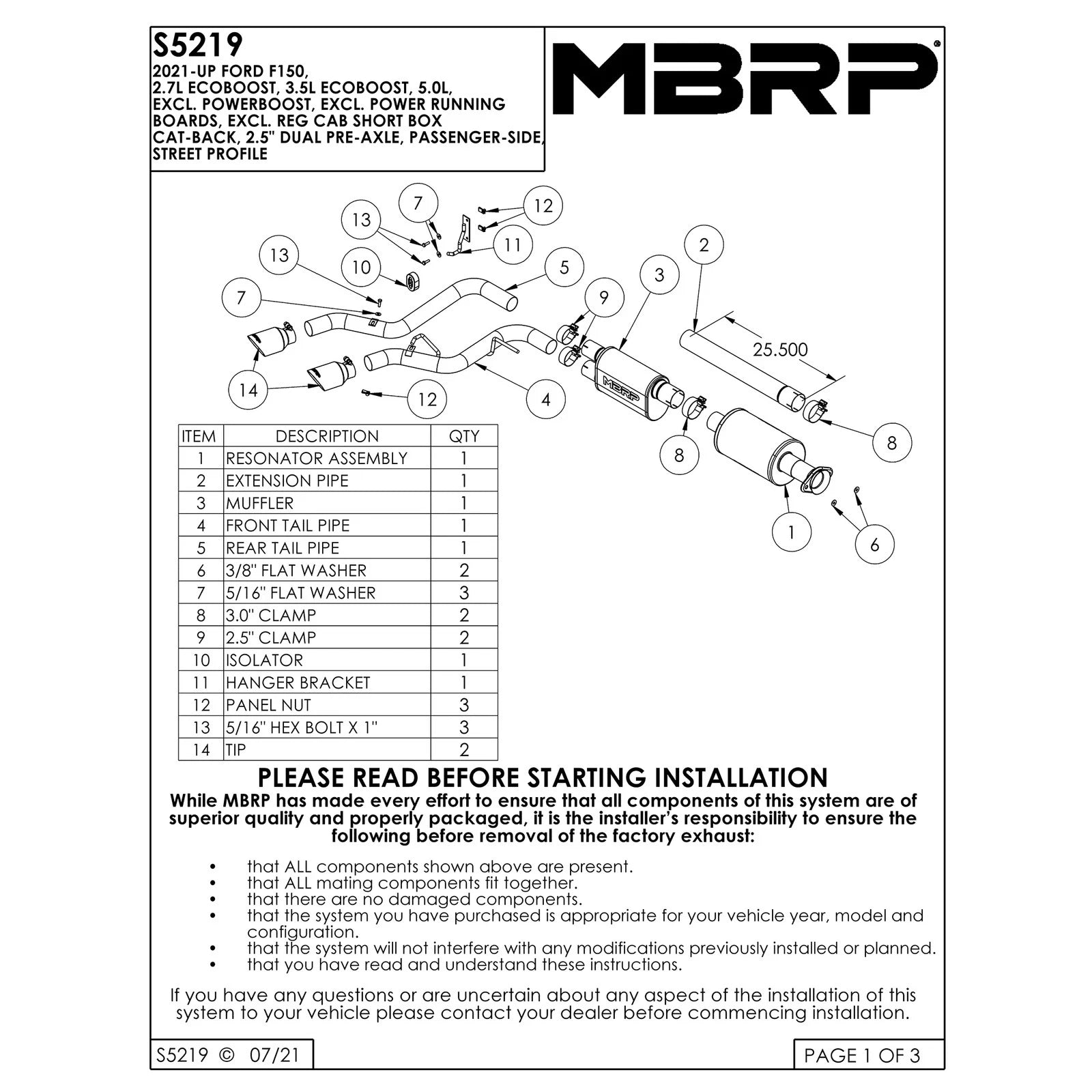 MBRP 2021+ Ford F150 Aluminized Dual Pre-Axle (Street Profile) 2.5in OD Tips 3in Cat Back Exhaust