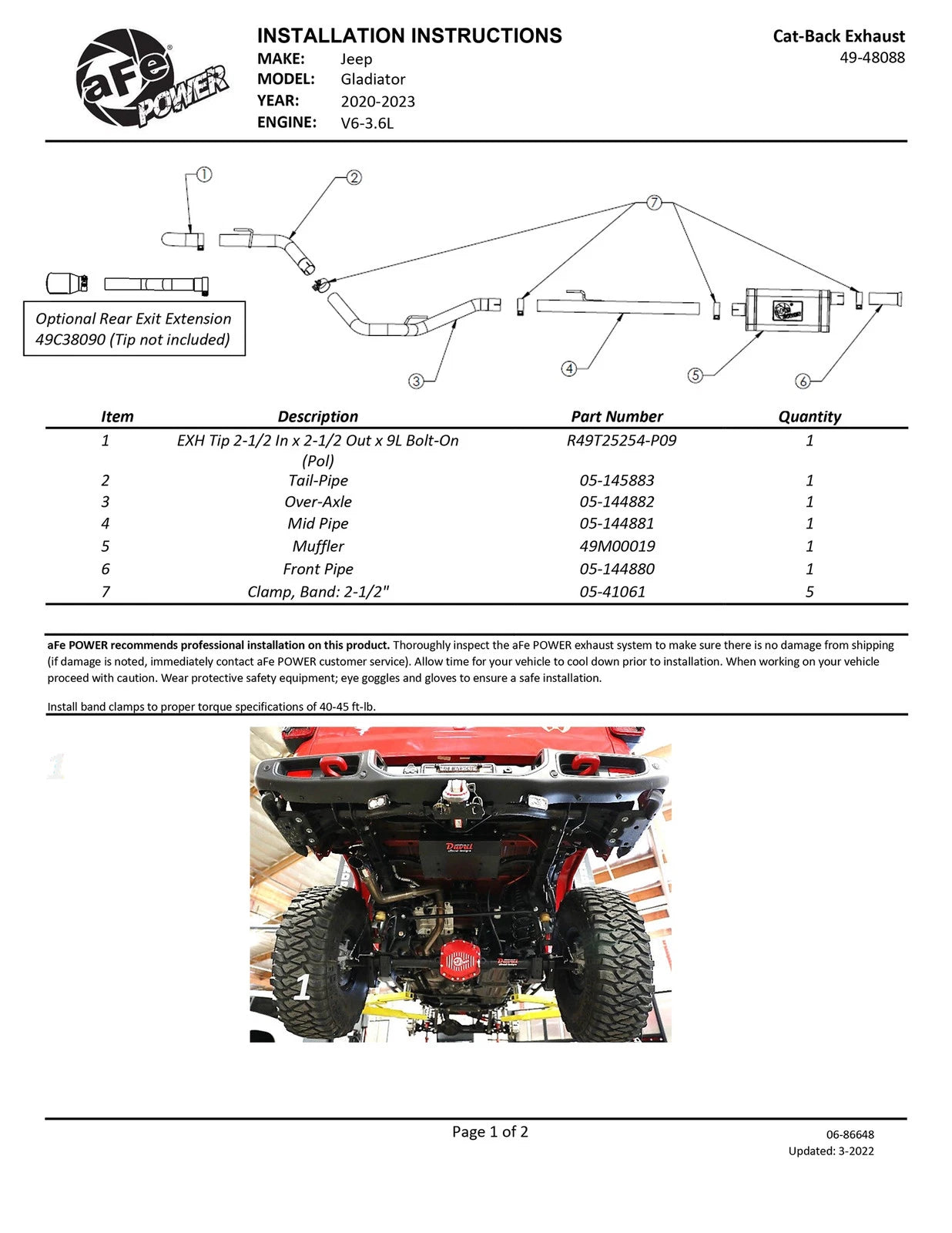 aFe Apollo GT Series 2-1/2in 409 SS Cat-Back Hi-Tuck Exhaust System 2020 Jeep Gladiator (JT) V6-3.6L