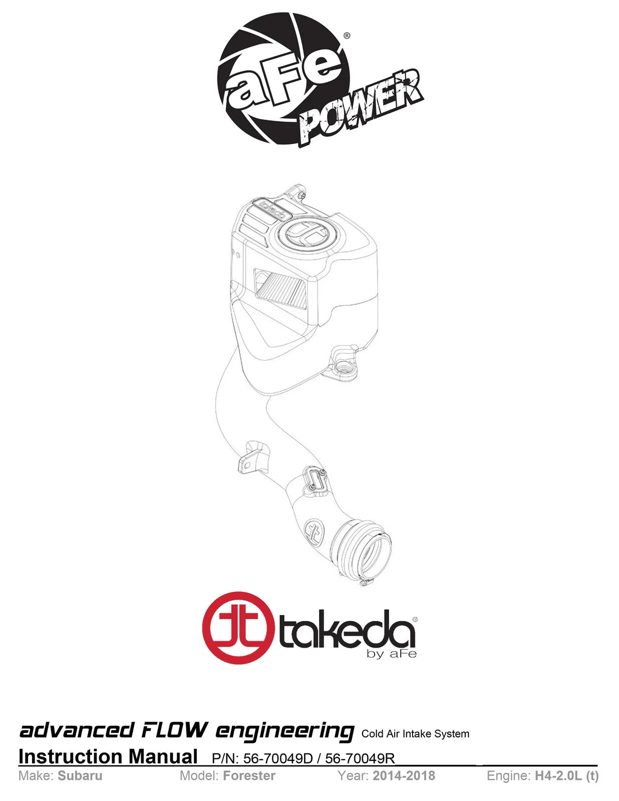 aFe Takeda Intake System w/Pro 5R Filter Subaru Forester 14-18 H4-2.0L (t)