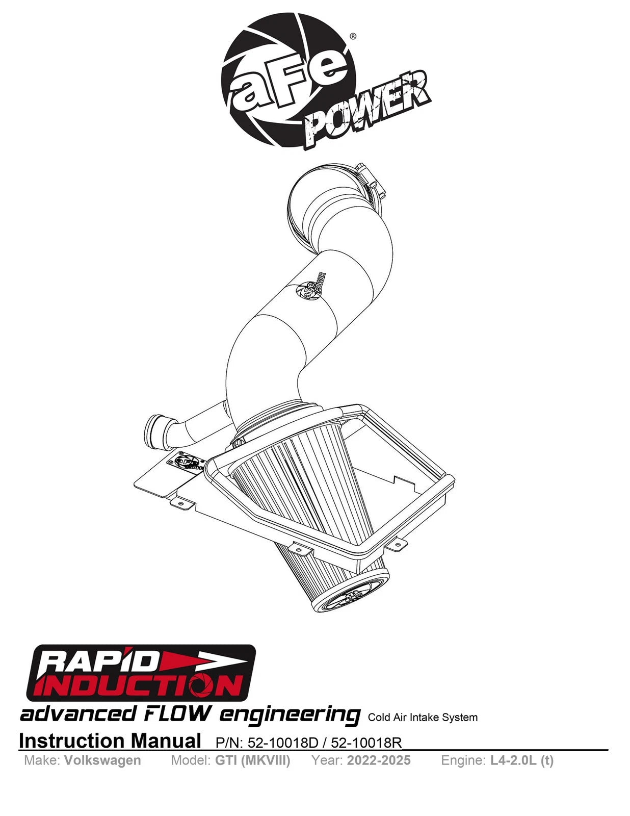 aFe Rapid Induction Cold Air Intake System w/ Pro 5R Filter 22-23 Volkswagen GTI MKVIII L4-2.0L