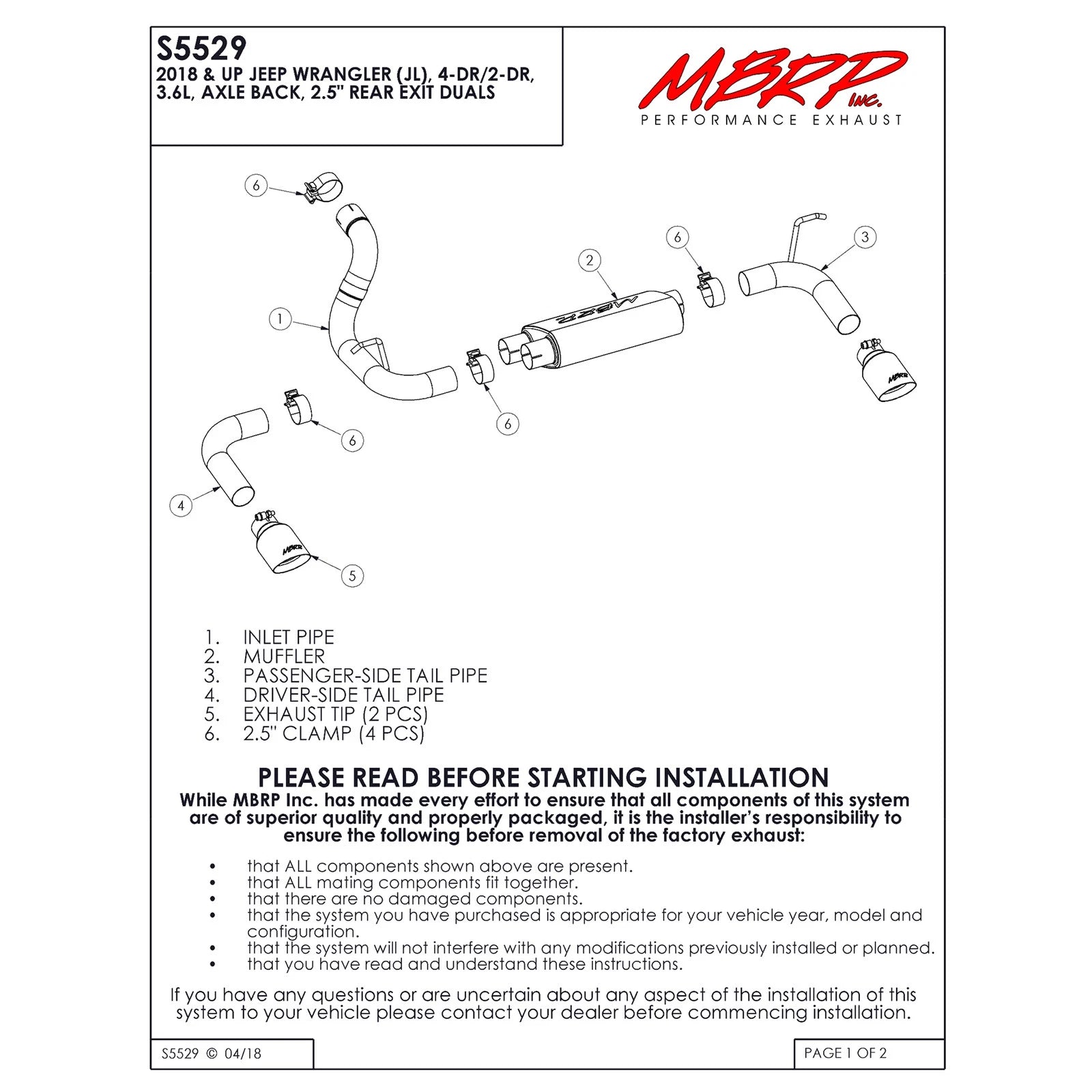MBRP 2018+ Jeep Wrangler (JL) 3.6L V6 Dual Rear Exit Axle Back AL Exhaust System