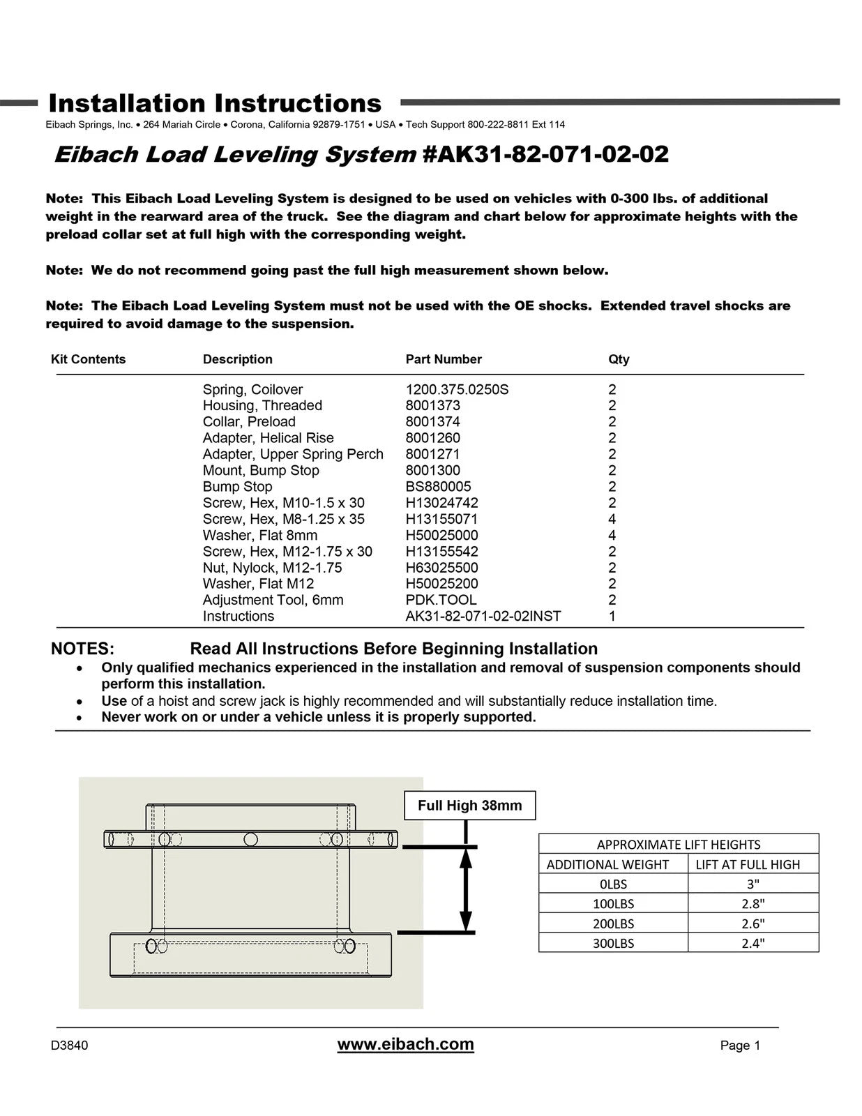 Eibach Load-Leveling System 2010-2020 Toyota 4Runner - Load Rating 200-400 lbs