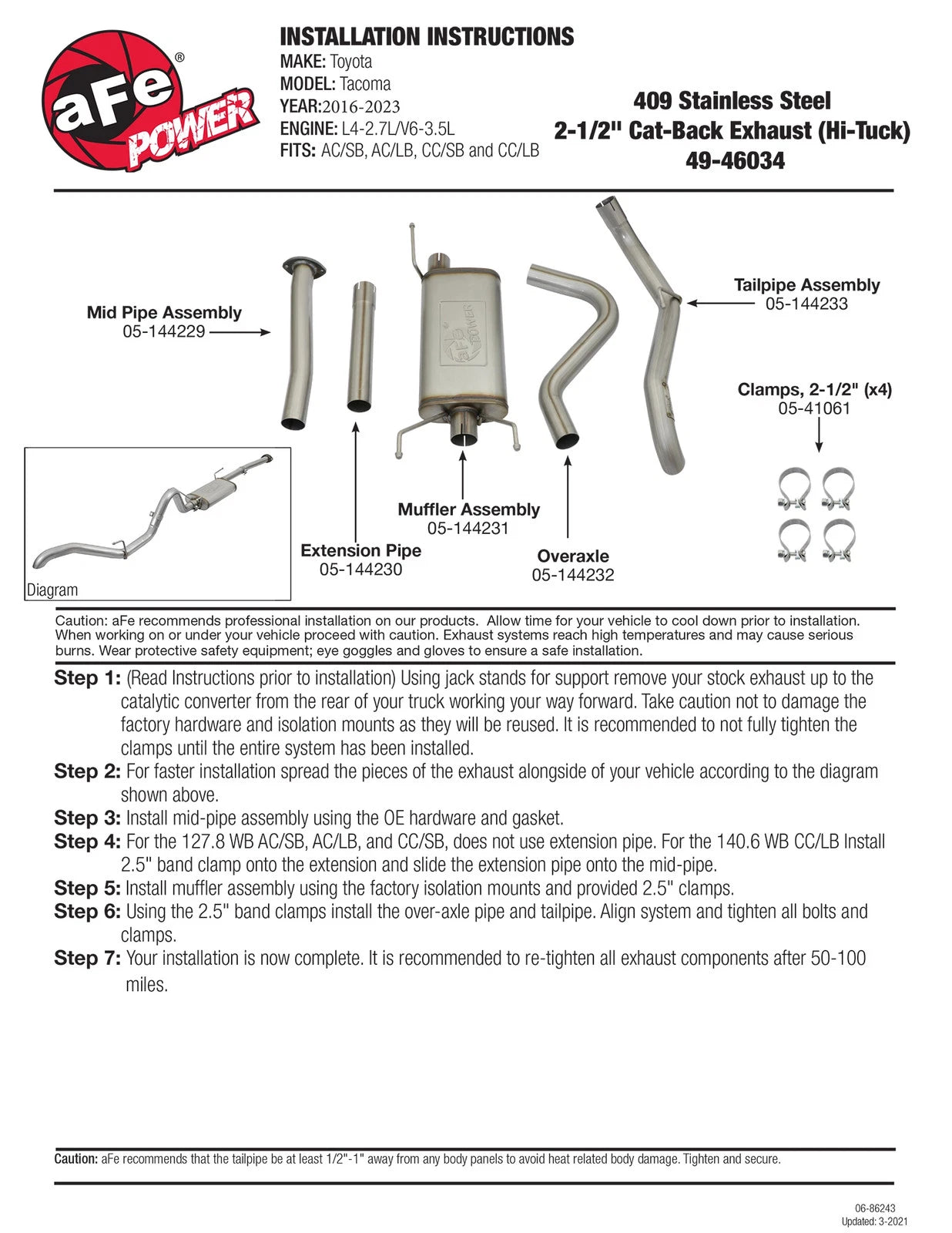 aFe MACHForce XP Exhausts Cat-Back Hi-Tuck RB SS 16 Toyota Tacoma V6-3.5L