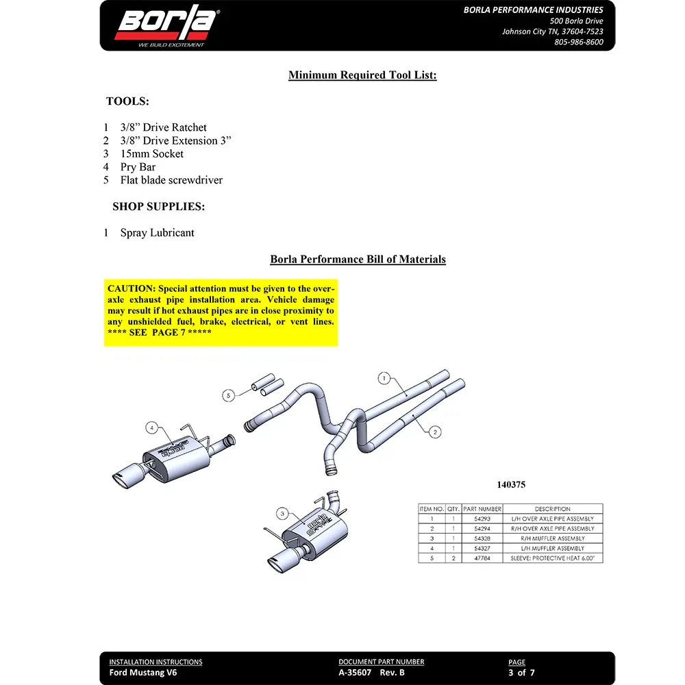 Borla 2011 Ford Mustang 3.7L 6cyl 6spd RWD SS S-Type Catback Exhaust