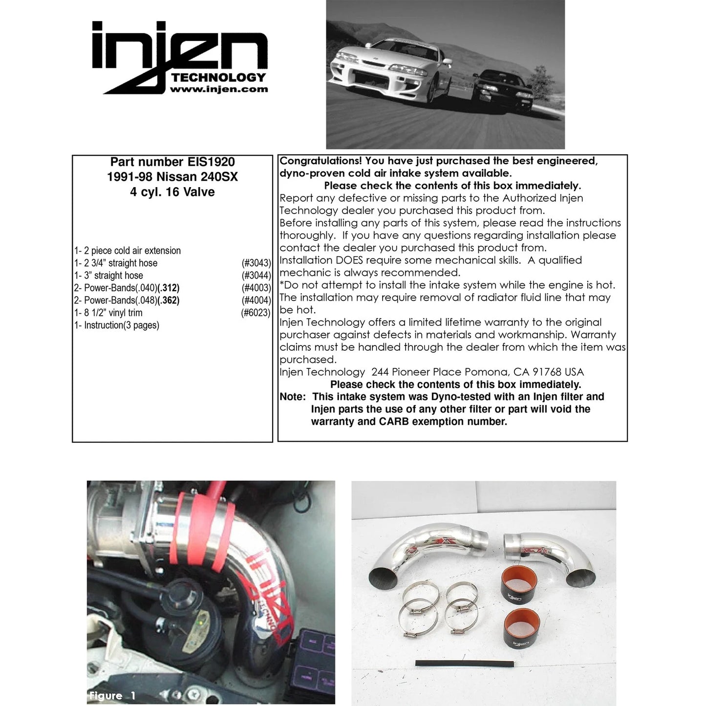Injen 91-98 240SX 16 Valve Requires IS1900 IS1905 or IS1920 Polished Short Ram Intake Air Extens