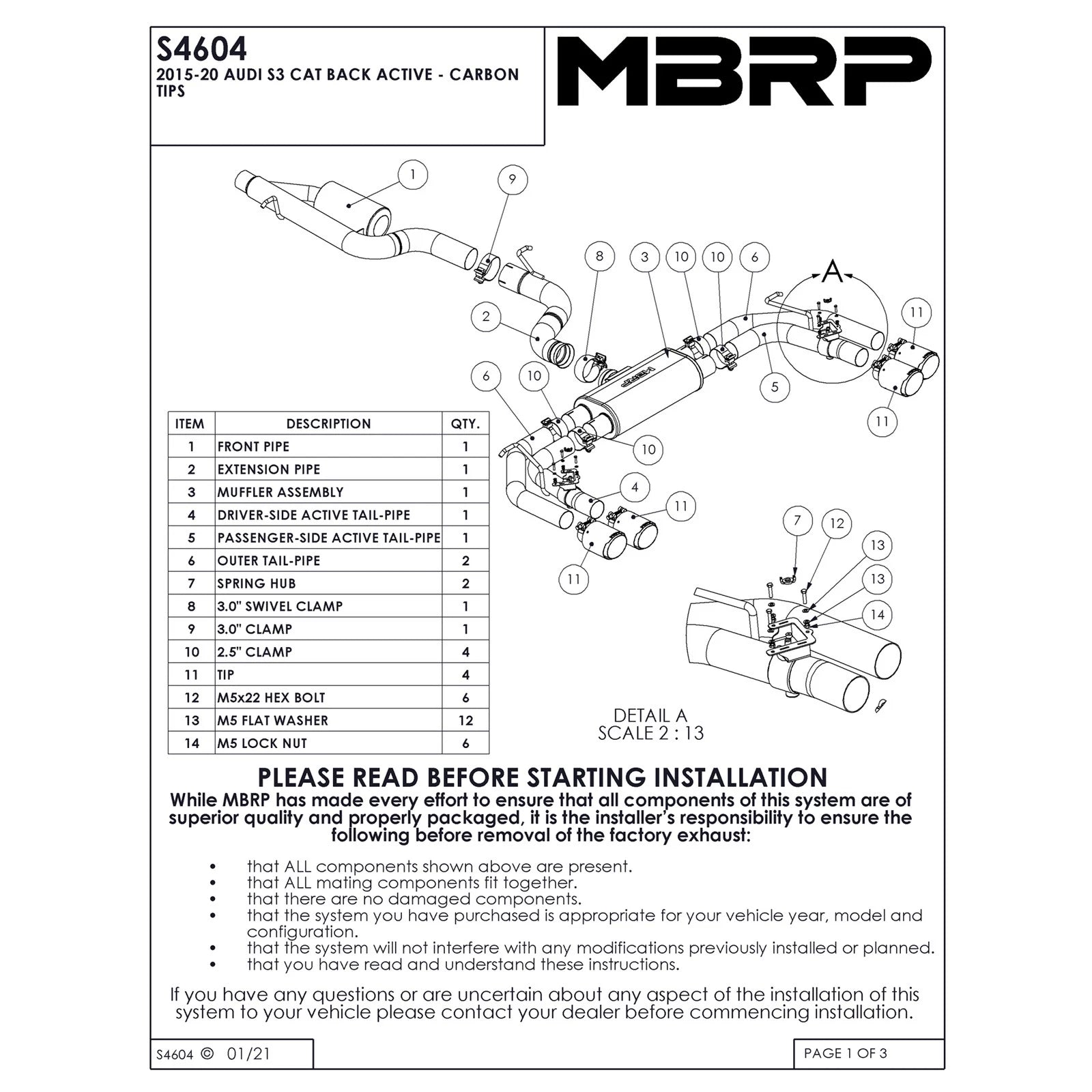 MBRP 15-20 Audi S3 T304 Stainless Steel Cat - Active