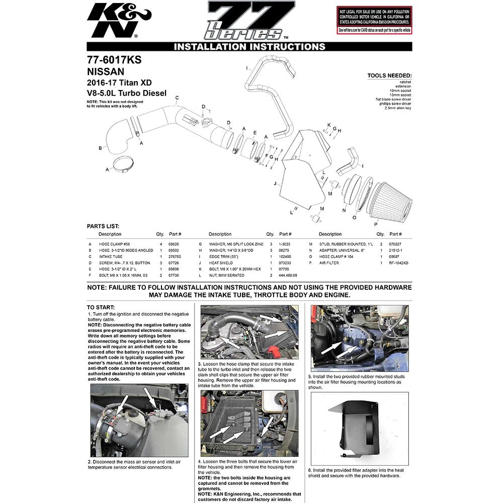 K&N 16-17 Nissan Titan XD V8-5.0L Performance Air Intake Kit - Metal