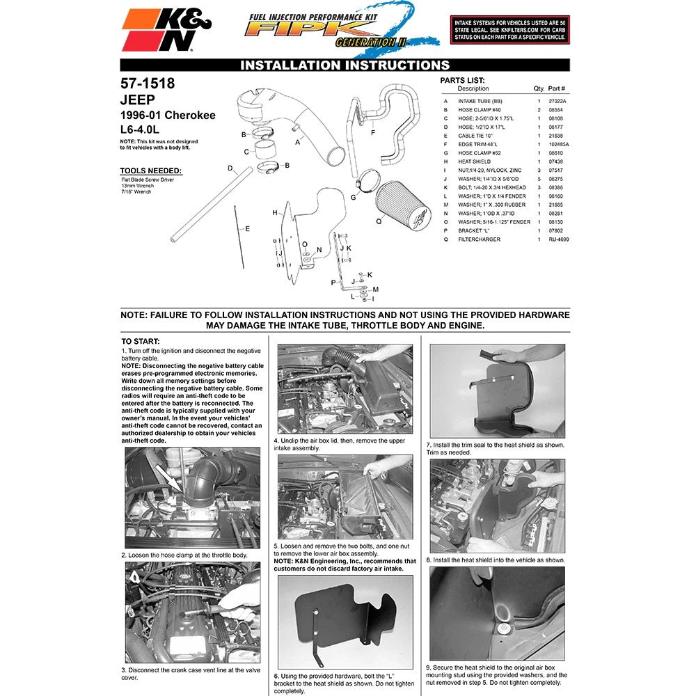 K&N 97-01 Jeep Cherokee L6-4.0L Performance Intake Kit