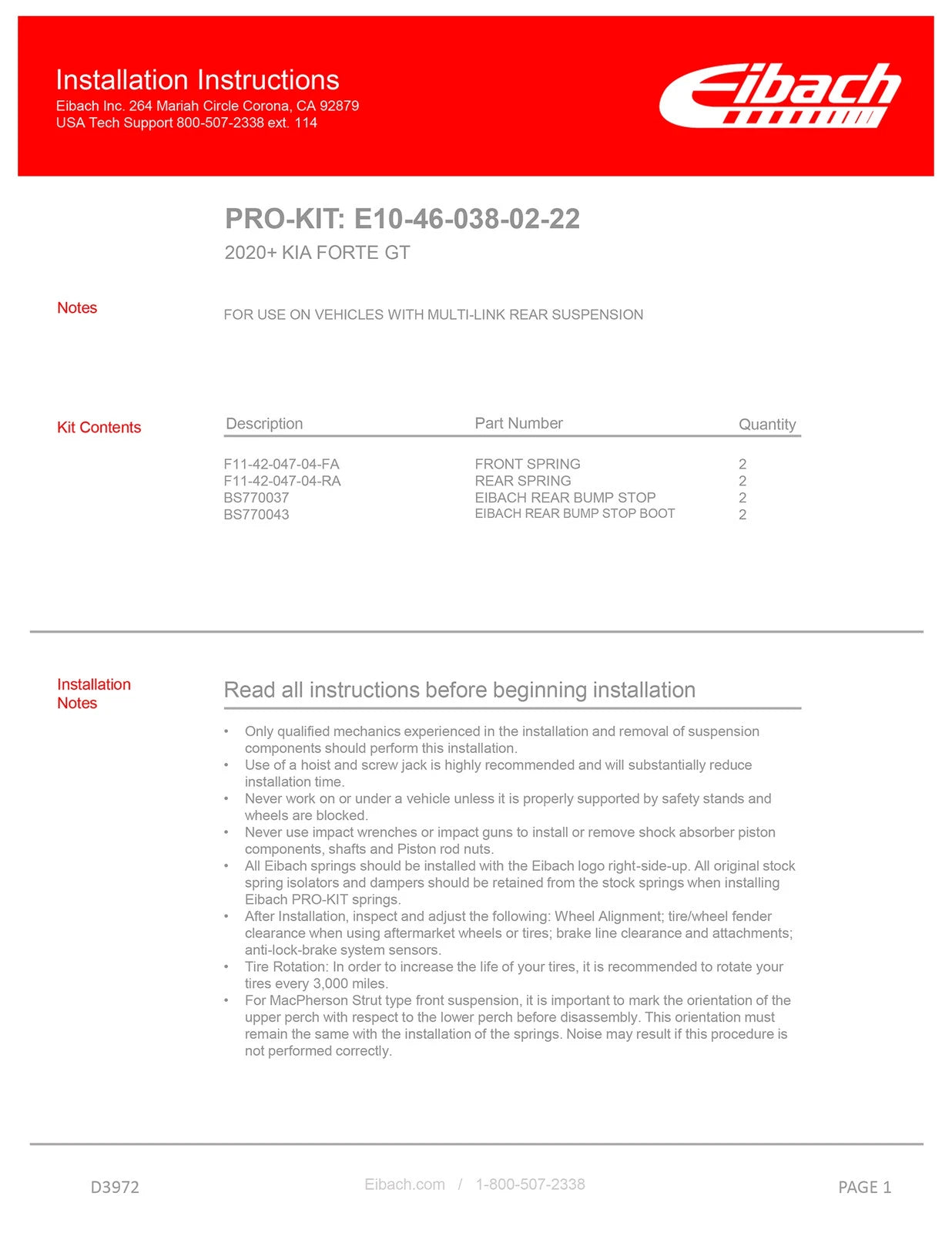 Eibach Pro-Kit for 2020-2022 Kia Forte GT