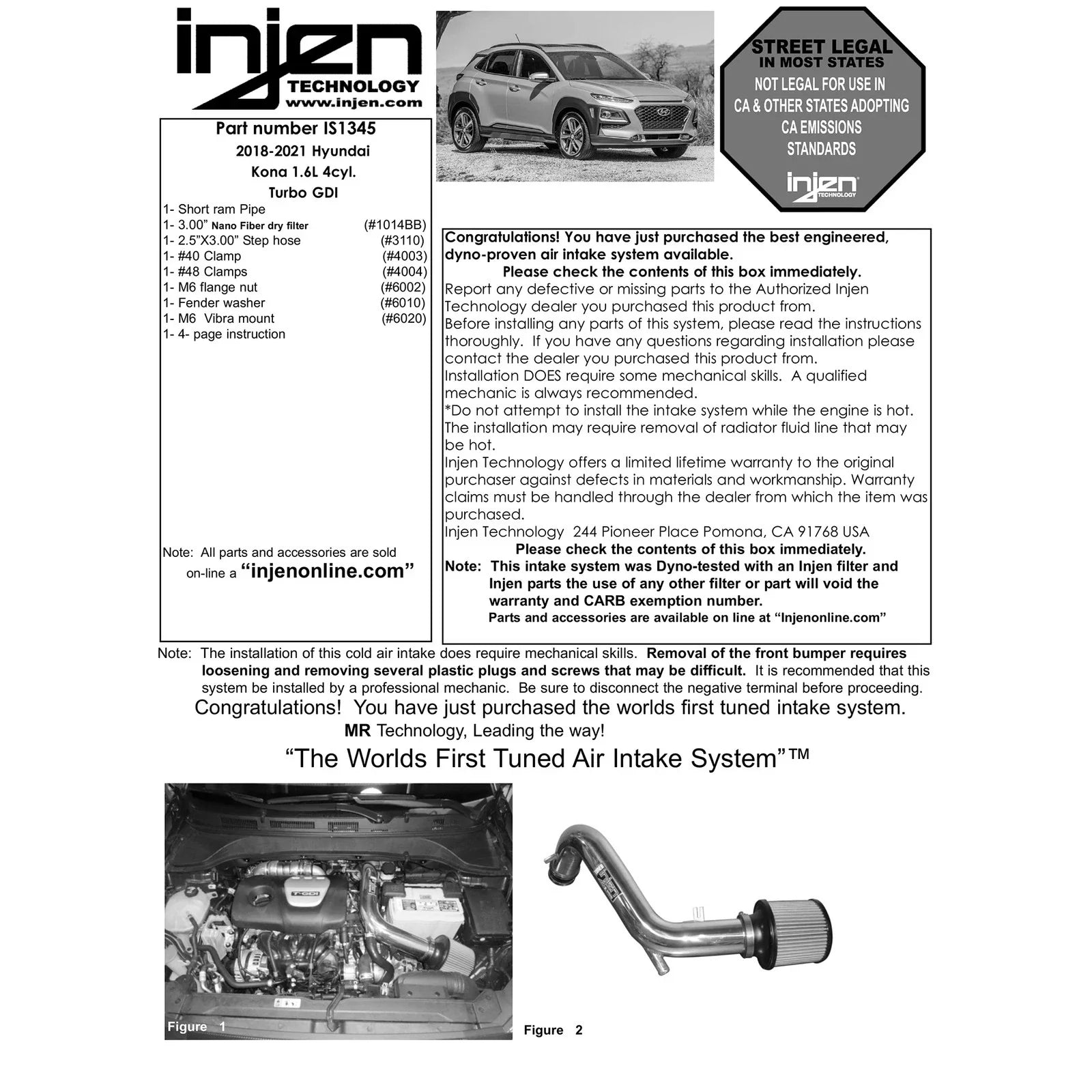 Injen 18-20 Hyundai Kona L4-1.6L Turbo Laser Black IS Short Ram Cold Air Intake System