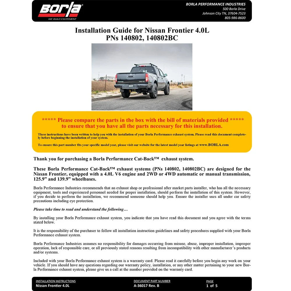 Borla 05-19 Nissan Frontier 4.0L V6 AT/MT Regular Cab S-type Exhaust (2wd/4wd)