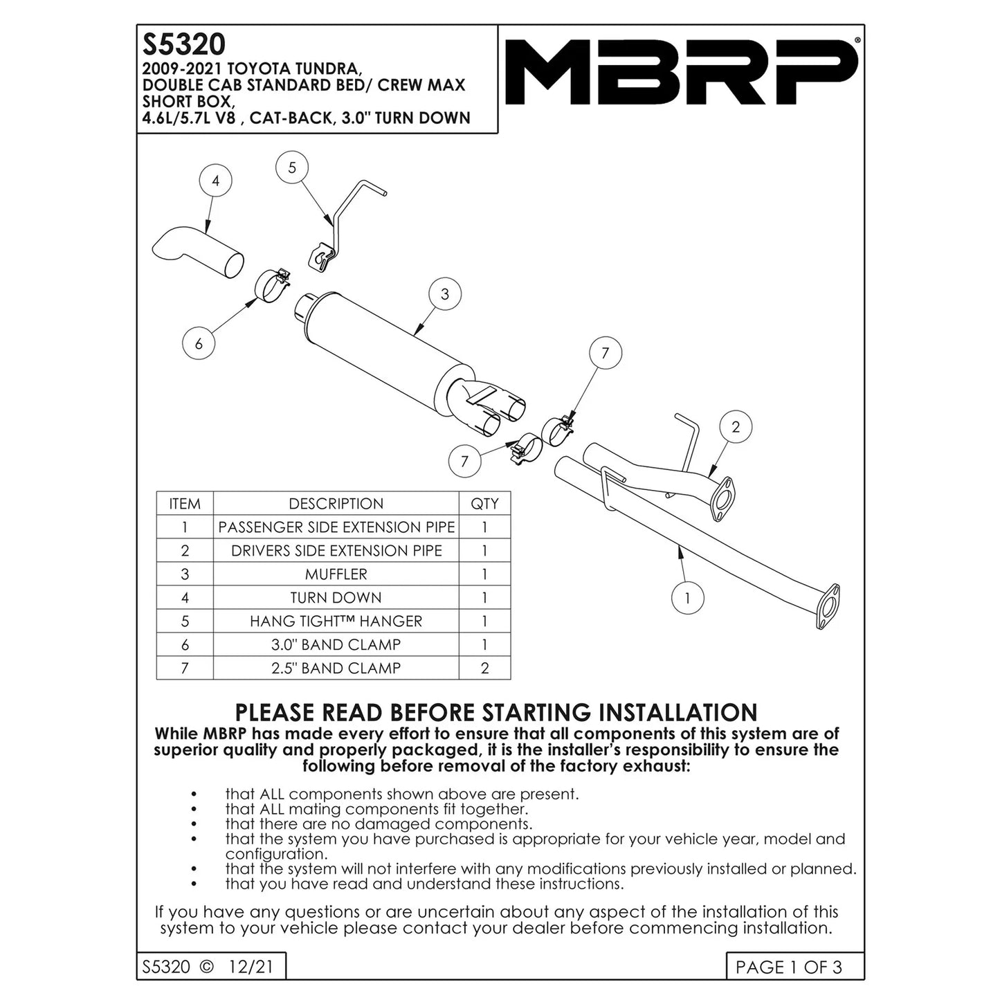 MBRP 09-11 Toyota Tundra Cat Back Turn Down Single Side Aluminized Exhaust