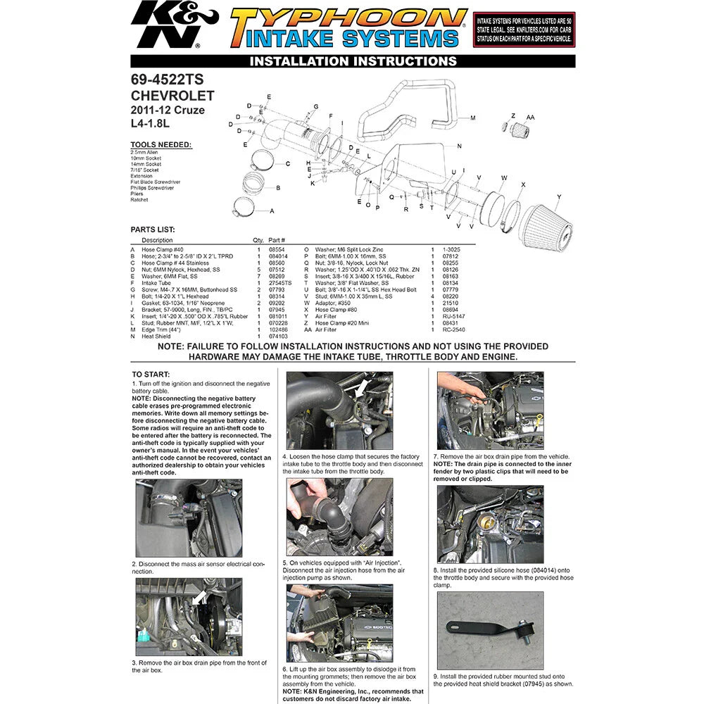 K&N 11 Chevrolet Cruze 1.8L L4 Typhoon Performance Intake